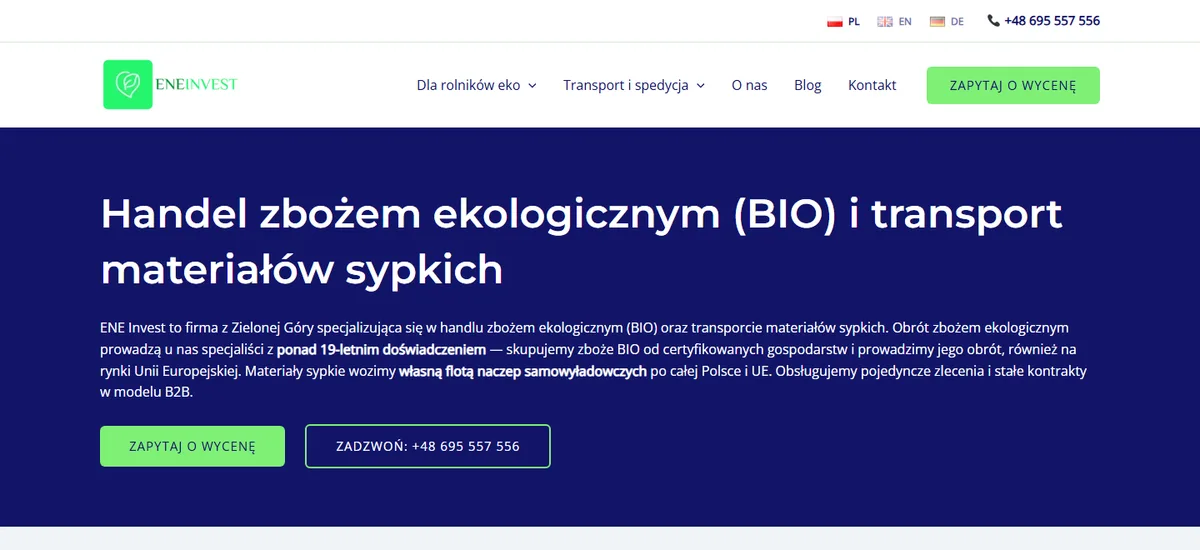 Strona internetowa ENE Invest — sekcja główna z nagłówkiem o handlu zbożem ekologicznym i transporcie materiałów sypkich oraz przełącznikiem języków PL, EN, DE